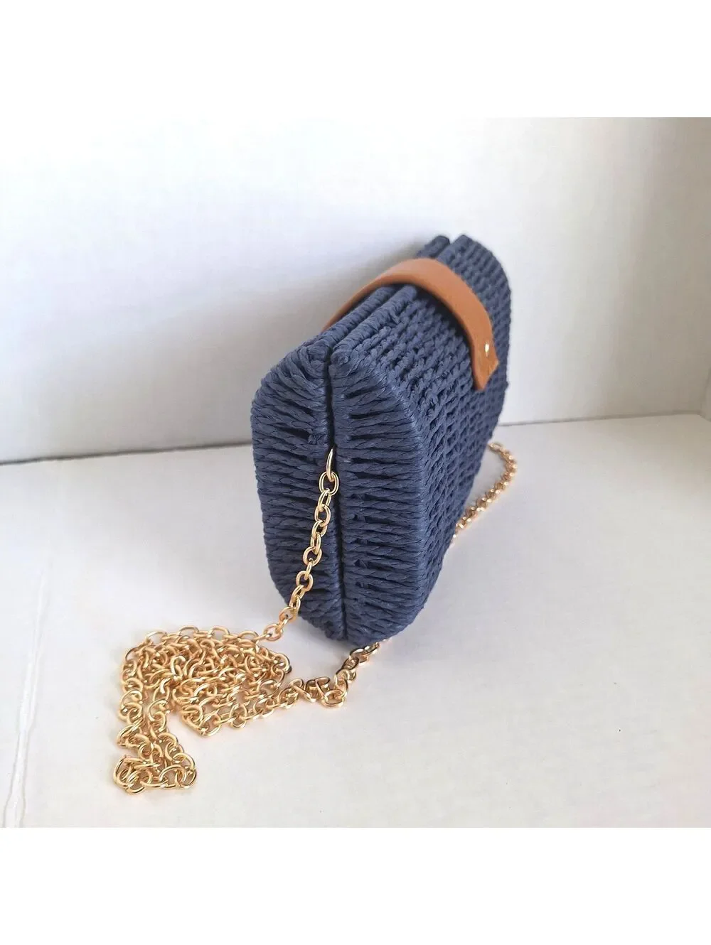 NWOT Shiraleah Blue Wicker Clutch Crossbody Blue Leather Gold Chain